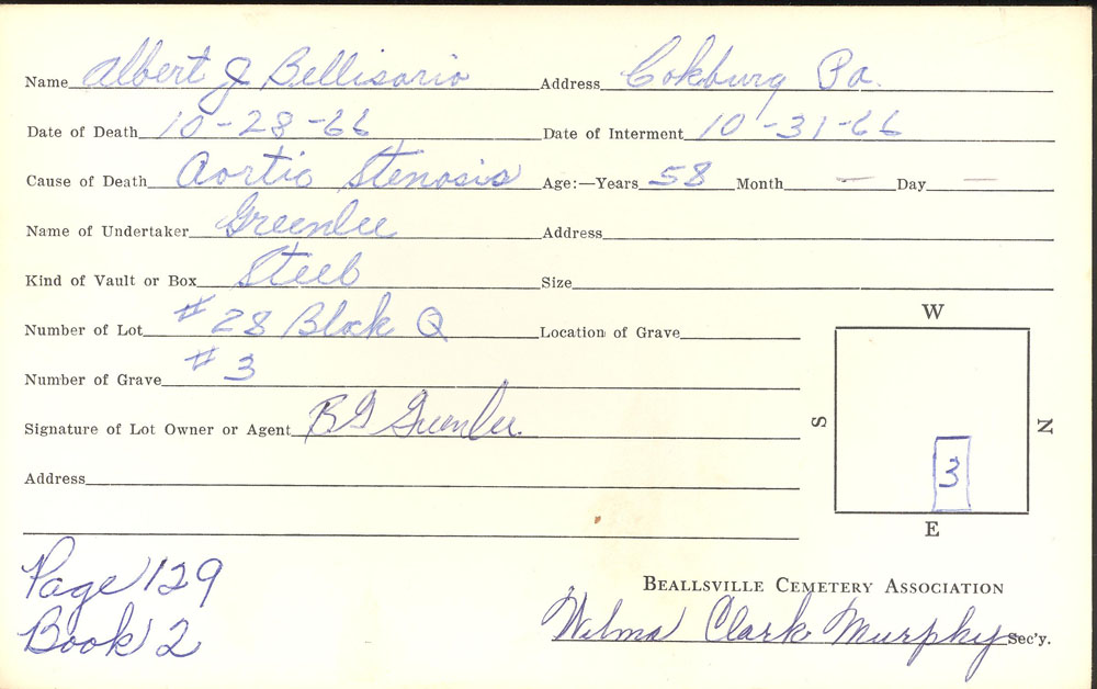 Albert J. Bellisario  burial card